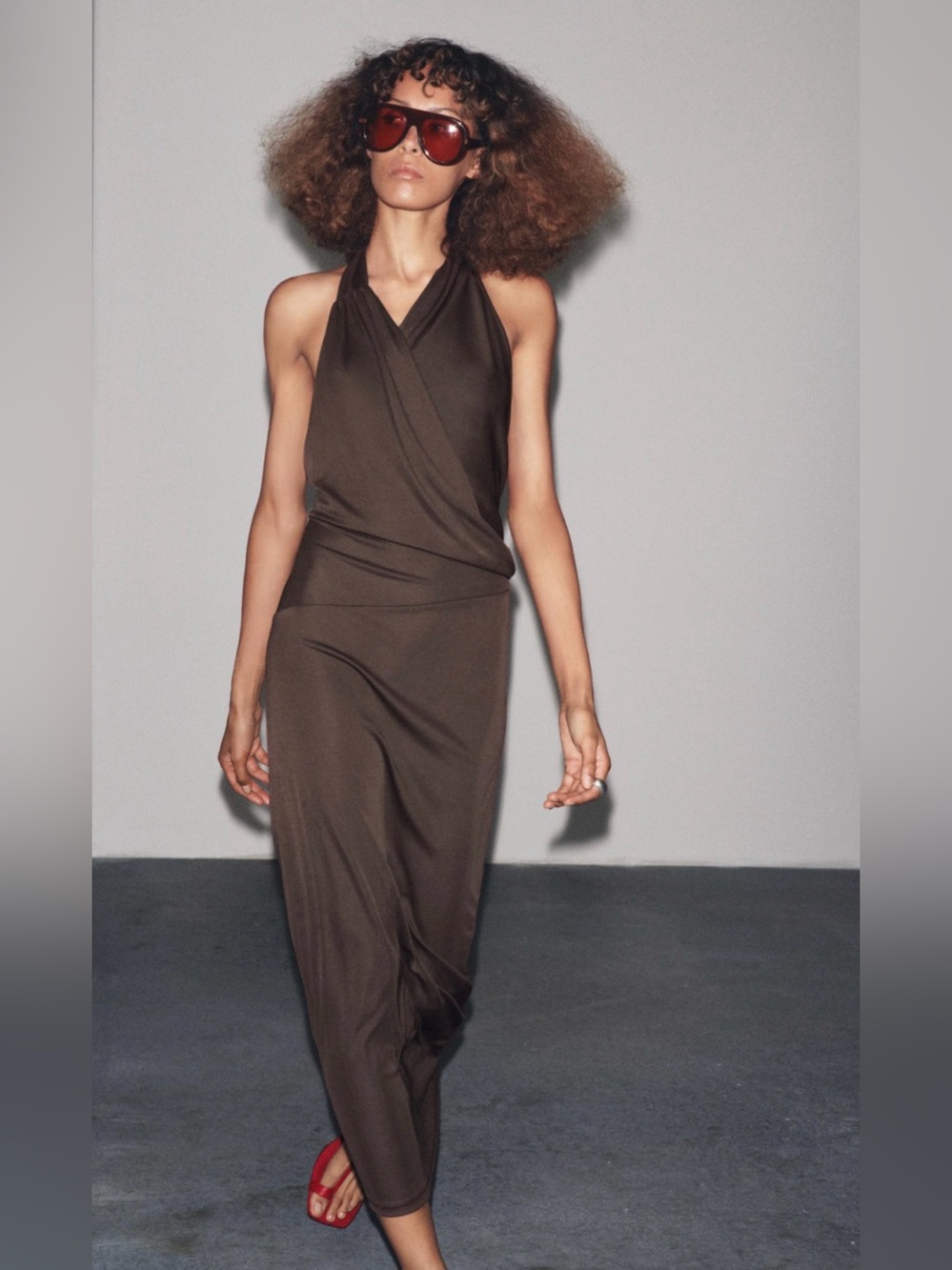 Zara Halterneck Cowl Neck Cross Tie Midi Dress Open Back Open Shoulders Brown La